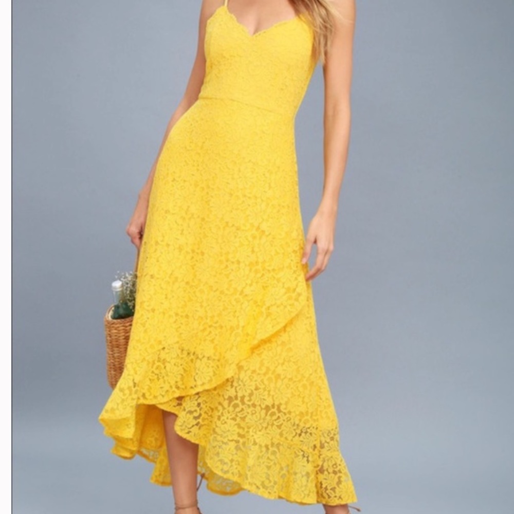 Lulus Saunter Along Yellow Lace Midi Dress